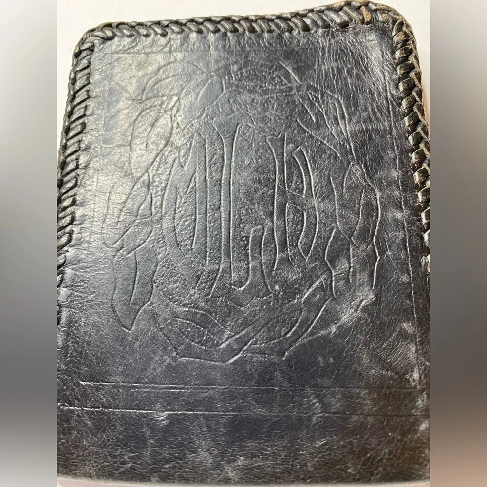 Wallet bifold black leather vintage handmade initialed WLH. Box 12